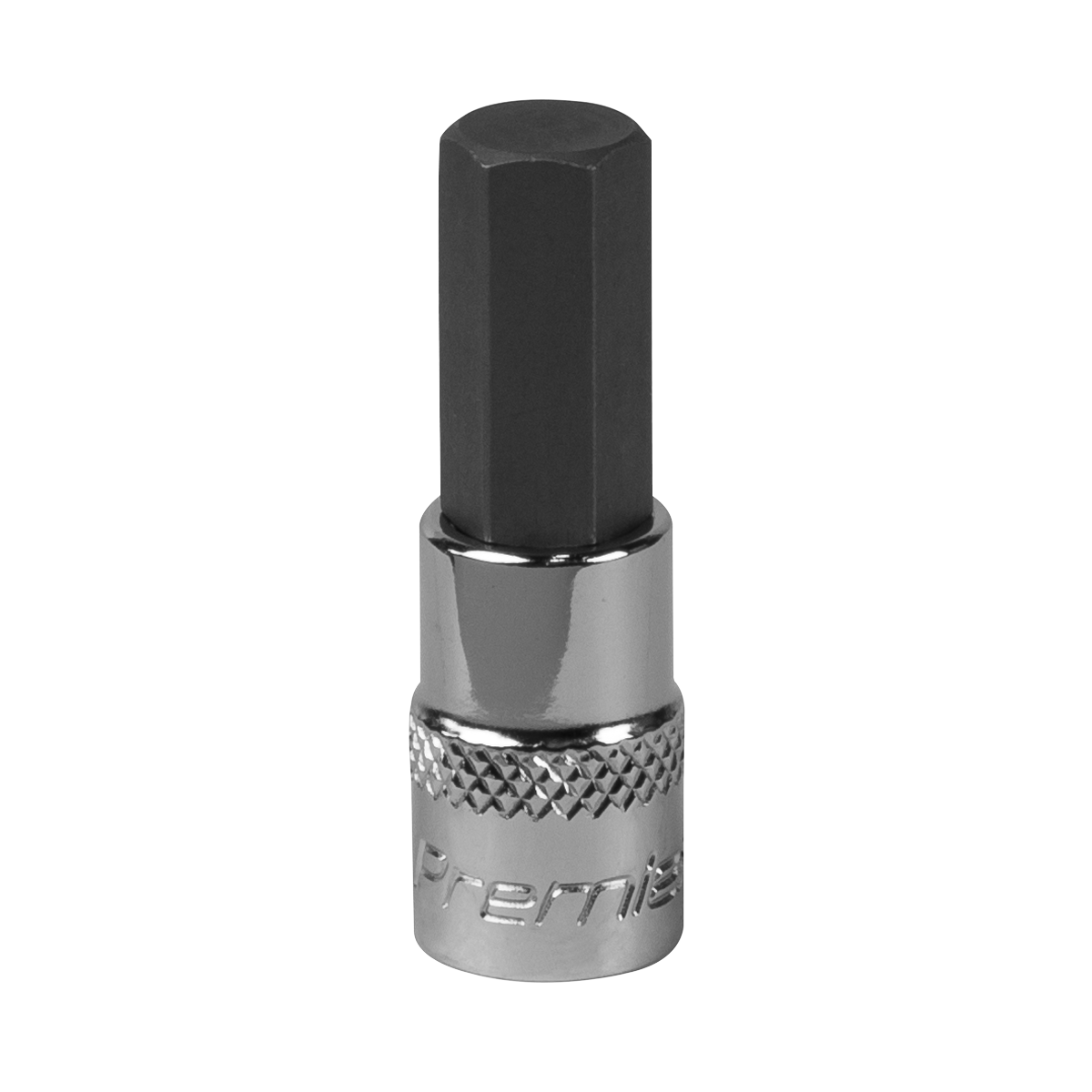 Close-up of the Hex Socket Bit 8mm 1/4"Sq Drive - SBH006 by Sealey, featuring a silver base and black hex head. Crafted from durable Chrome Vanadium steel for exceptional strength, this bit is part of the Premier Hand Tools collection and comes with a lifetime guarantee.