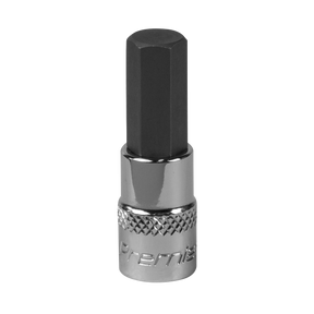 Close-up of the Hex Socket Bit 8mm 1/4"Sq Drive - SBH006 by Sealey, featuring a silver base and black hex head. Crafted from durable Chrome Vanadium steel for exceptional strength, this bit is part of the Premier Hand Tools collection and comes with a lifetime guarantee.