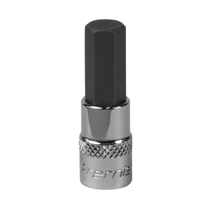 Close-up of the Hex Socket Bit 8mm 1/4"Sq Drive - SBH006 by Sealey, featuring a silver base and black hex head. Crafted from durable Chrome Vanadium steel for exceptional strength, this bit is part of the Premier Hand Tools collection and comes with a lifetime guarantee.