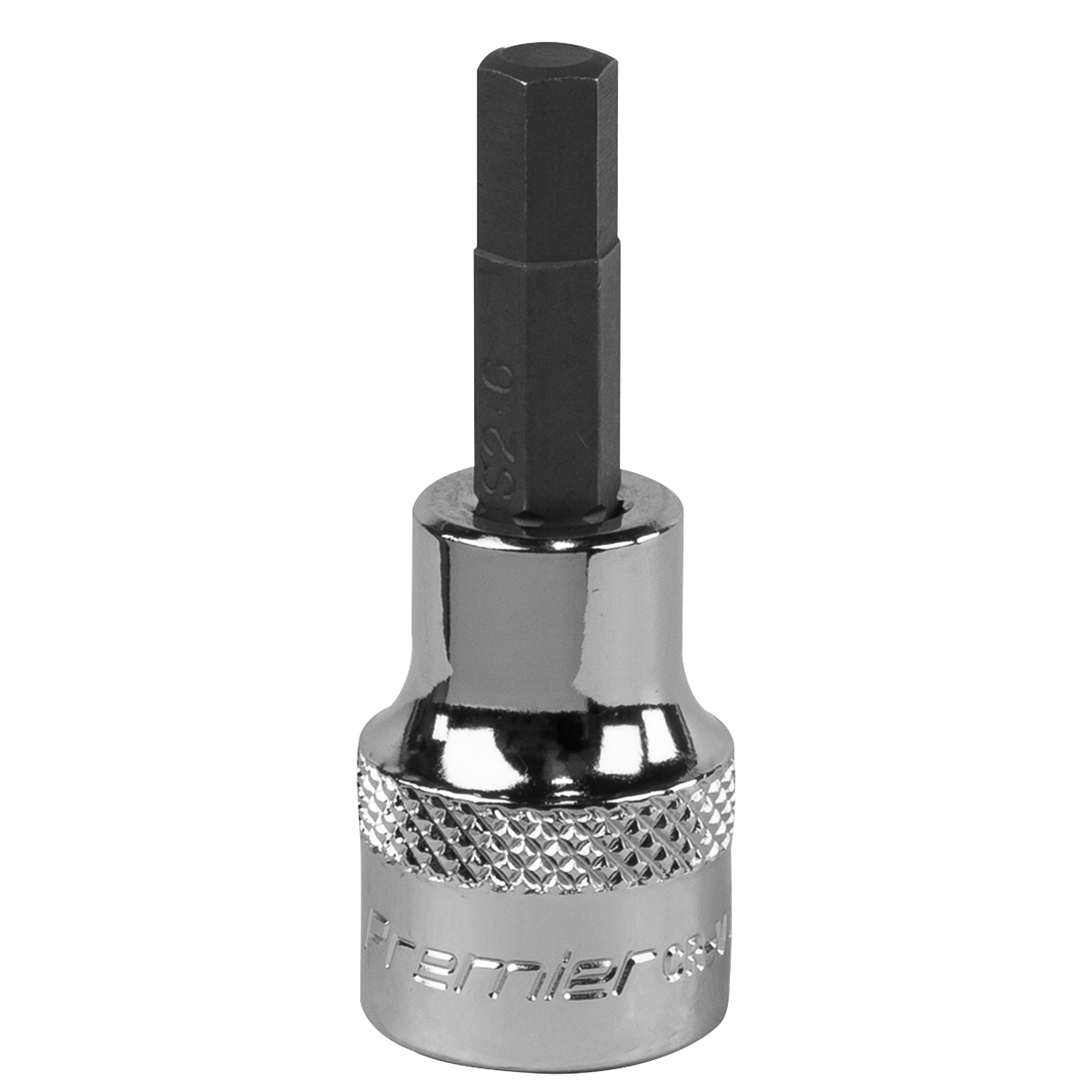 The Sealey Hex Socket Bit 6mm 3/8"Sq Drive - SBH009, chrome-finished with a knurled grip and a medium-length hex bit, is crafted from durable Chrome Vanadium steel and comes with a lifetime guarantee.