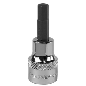 The Sealey Hex Socket Bit 6mm 3/8"Sq Drive - SBH009, chrome-finished with a knurled grip and a medium-length hex bit, is crafted from durable Chrome Vanadium steel and comes with a lifetime guarantee.