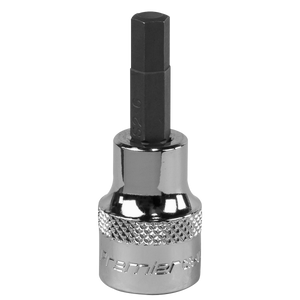 The Sealey Hex Socket Bit 6mm 3/8"Sq Drive - SBH009, chrome-finished with a knurled grip and a medium-length hex bit, is crafted from durable Chrome Vanadium steel and comes with a lifetime guarantee.