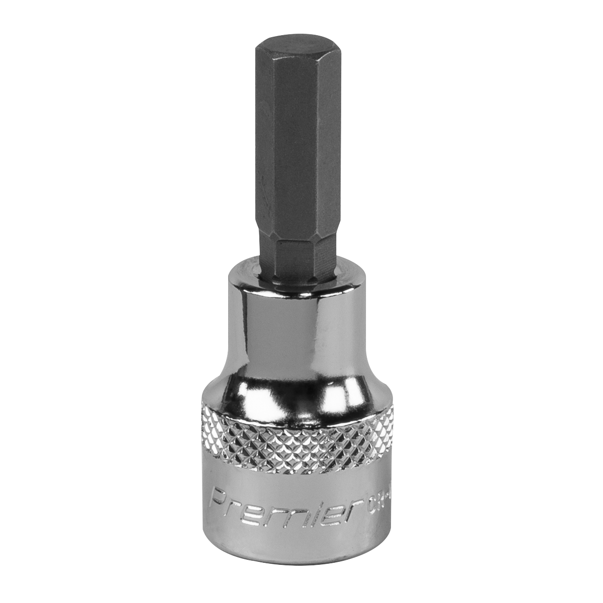 A close-up of the Sealey SBH010 7mm Hex Socket Bit with a 3/8" square drive, featuring a knurled grip section and engraved text near the base. Crafted from Chrome Vanadium steel for professional use, this tool upholds the quality standards of Premier Hand Tools.