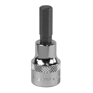 A close-up of the Sealey SBH010 7mm Hex Socket Bit with a 3/8" square drive, featuring a knurled grip section and engraved text near the base. Crafted from Chrome Vanadium steel for professional use, this tool upholds the quality standards of Premier Hand Tools.