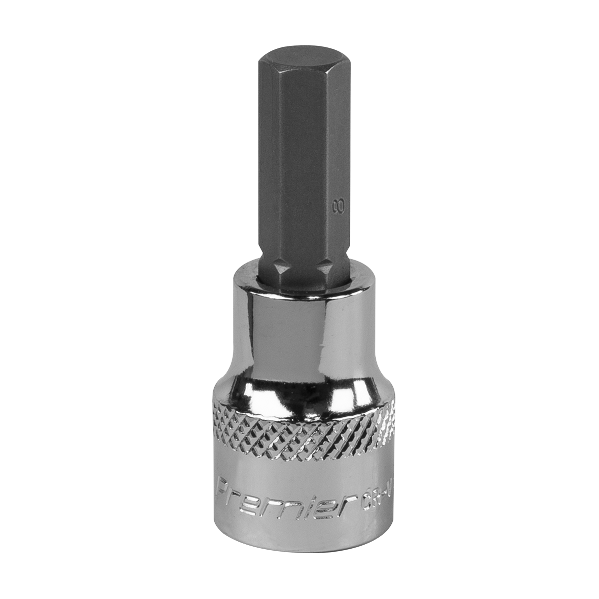 The Sealey Hex Socket Bit 8mm 3/8"Sq Drive - SBH011 is a metallic tool crafted from Chrome Vanadium steel, ideal for tightening or loosening bolts and screws. It features a knurled grip for enhanced handling and is part of the Premier Hand Tools range, offering a lifetime guarantee.