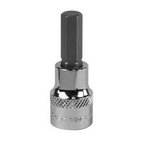 The Sealey Hex Socket Bit 8mm 3/8"Sq Drive - SBH011 is a metallic tool crafted from Chrome Vanadium steel, ideal for tightening or loosening bolts and screws. It features a knurled grip for enhanced handling and is part of the Premier Hand Tools range, offering a lifetime guarantee.