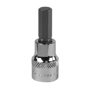 The Sealey Hex Socket Bit 8mm 3/8"Sq Drive - SBH011 is a metallic tool crafted from Chrome Vanadium steel, ideal for tightening or loosening bolts and screws. It features a knurled grip for enhanced handling and is part of the Premier Hand Tools range, offering a lifetime guarantee.