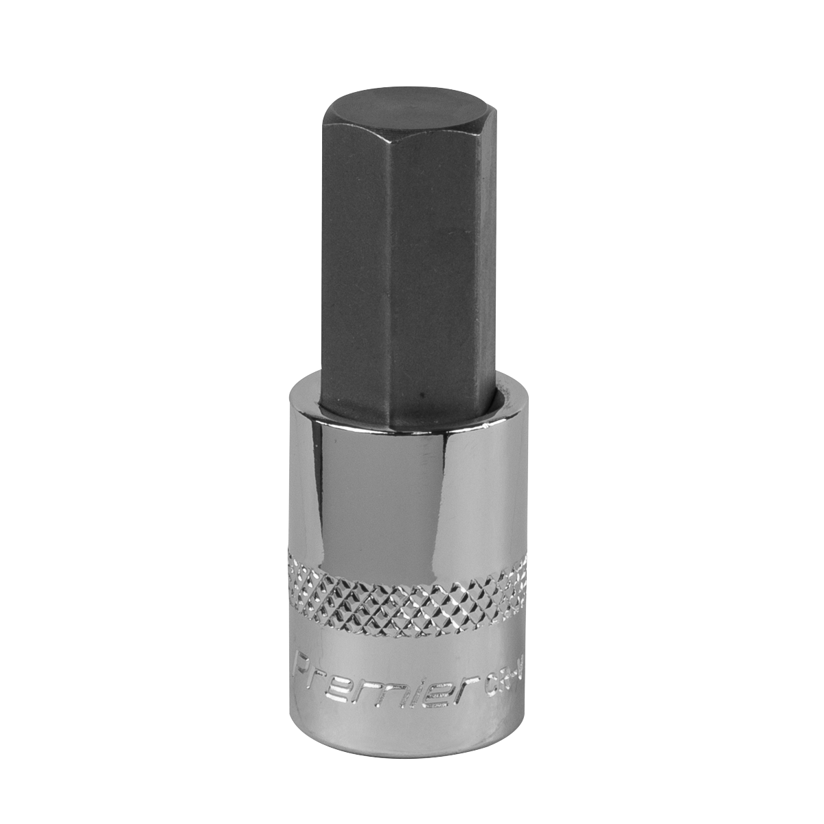 The Sealey Hex Socket Bit 12mm 3/8"Sq Drive - SBH015 features a hexagonal black metal bit and a shiny, knurled silver base, meticulously crafted from Chrome Vanadium steel for professional use.