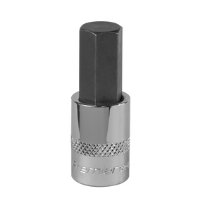 The Sealey Hex Socket Bit 12mm 3/8"Sq Drive - SBH015 features a hexagonal black metal bit and a shiny, knurled silver base, meticulously crafted from Chrome Vanadium steel for professional use.