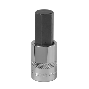 The Sealey Hex Socket Bit 12mm 3/8"Sq Drive - SBH015 features a hexagonal black metal bit and a shiny, knurled silver base, meticulously crafted from Chrome Vanadium steel for professional use.