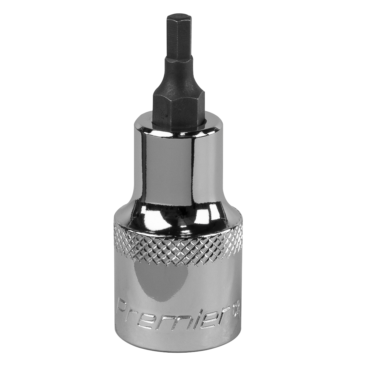 A Sealey Hex Socket Bit 4mm 1/2"Sq Drive - SBH016, featuring a shiny, cylindrical body with a knurled grip and crafted from Chrome Vanadium steel, is labeled "Sealey Premier Hand Tools" and offers a lifetime guarantee.