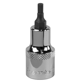 A Sealey Hex Socket Bit 4mm 1/2"Sq Drive - SBH016, featuring a shiny, cylindrical body with a knurled grip and crafted from Chrome Vanadium steel, is labeled "Sealey Premier Hand Tools" and offers a lifetime guarantee.