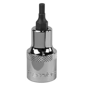 A Sealey Hex Socket Bit 4mm 1/2"Sq Drive - SBH016, featuring a shiny, cylindrical body with a knurled grip and crafted from Chrome Vanadium steel, is labeled "Sealey Premier Hand Tools" and offers a lifetime guarantee.