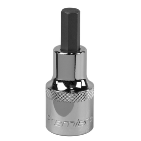 A chrome hex bit socket with an 8mm size and a 1/2" square drive, featuring a knurled grip section, labeled "Sealey Hex Socket Bit 8mm 1/2"Sq Drive - SBH020." Crafted from Chrome Vanadium steel for durability, it is part of the Sealey Premier Hand Tools collection and comes with a lifetime guarantee.