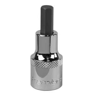 A chrome hex bit socket with an 8mm size and a 1/2" square drive, featuring a knurled grip section, labeled "Sealey Hex Socket Bit 8mm 1/2"Sq Drive - SBH020." Crafted from Chrome Vanadium steel for durability, it is part of the Sealey Premier Hand Tools collection and comes with a lifetime guarantee.