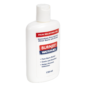 A 120 ml bottle of Sealey Burn Relief Gel - SBK12, labeled for immediate first aid for minor burns and scalds. The label indicates it provides fast burn pain relief, cools, soothes minor burns, and helps prevent infection.