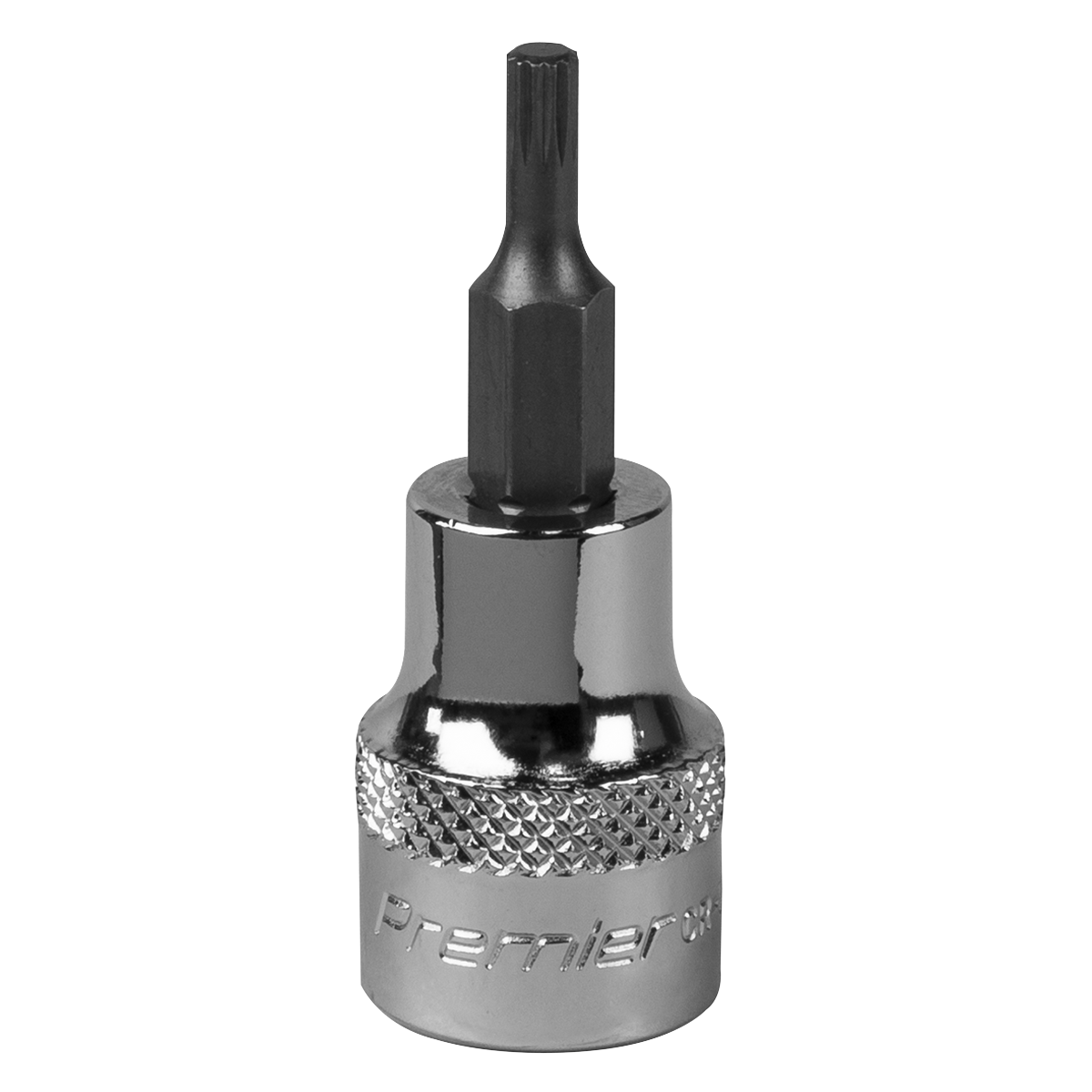 A close-up view of a Sealey brand Spline Socket Bit M4 3/8"Sq Drive - SBS002 tool, featuring a knurled grip section and crafted from durable chrome vanadium steel for professional use.