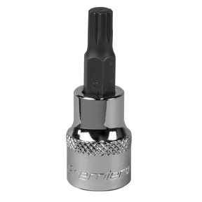 A Sealey Spline Socket Bit M7 3/8"Sq Drive - SBS005 with a star-shaped tip, crafted from durable Chrome Vanadium steel.