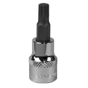 A Sealey Spline Socket Bit M7 3/8"Sq Drive - SBS005 with a star-shaped tip, crafted from durable Chrome Vanadium steel.