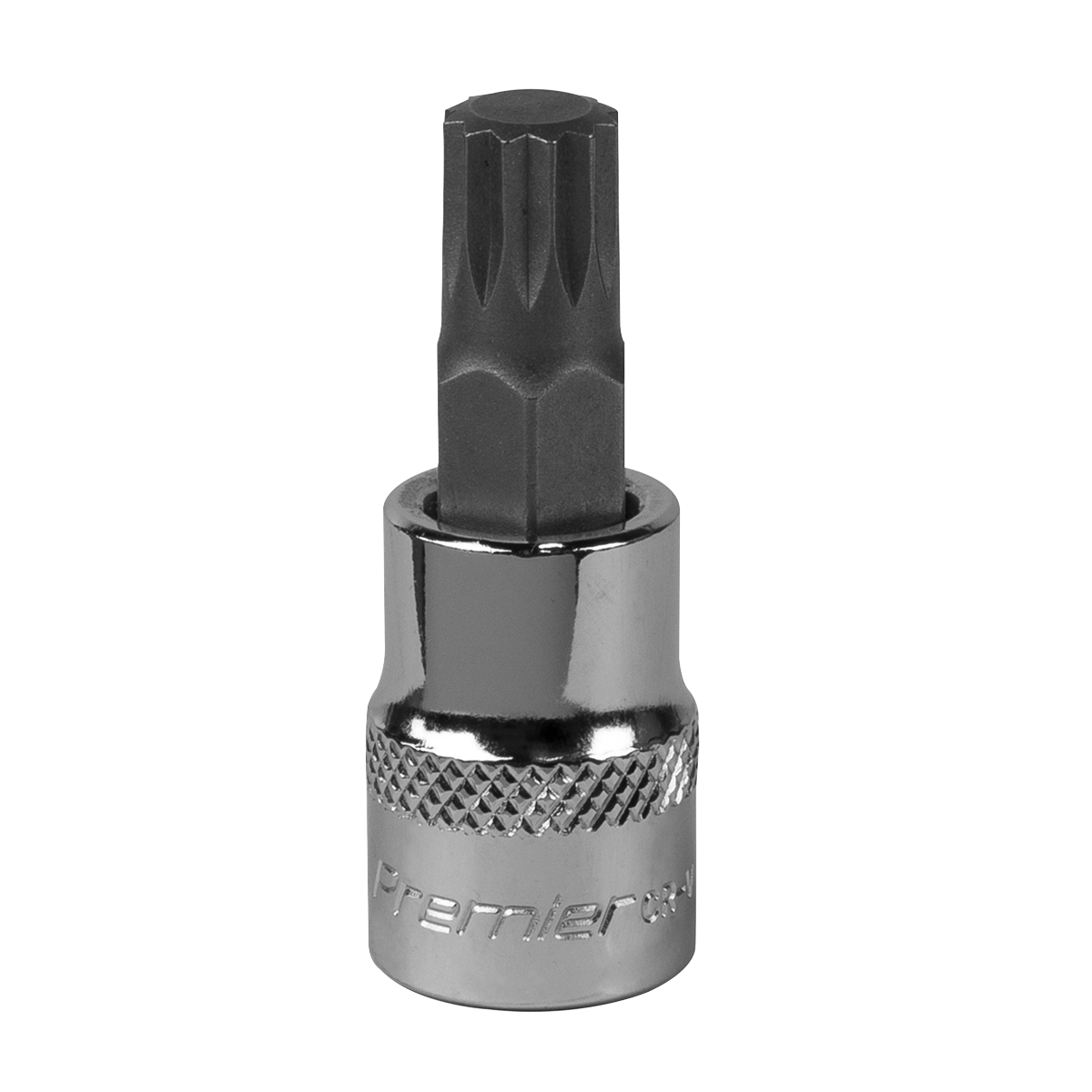 A close-up of the Sealey Spline Socket Bit M10 3/8"Sq Drive - SBS008, featuring a chrome and black finish with a knurled grip and hexagonal tip. Made from durable Chrome Vanadium steel, this professional hand tool is designed for precision and longevity.
