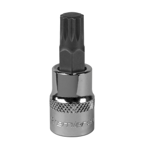 A close-up of the Sealey Spline Socket Bit M10 3/8"Sq Drive - SBS008, featuring a chrome and black finish with a knurled grip and hexagonal tip. Made from durable Chrome Vanadium steel, this professional hand tool is designed for precision and longevity.
