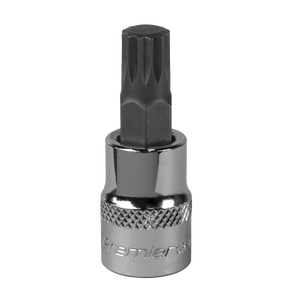 A close-up of the Sealey Spline Socket Bit M10 3/8"Sq Drive - SBS008, featuring a chrome and black finish with a knurled grip and hexagonal tip. Made from durable Chrome Vanadium steel, this professional hand tool is designed for precision and longevity.
