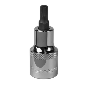 A high-quality Spline Socket Bit M6 1/2"Sq Drive - SBS011, featuring a chrome finish and knurled grip with a hexagonal bit end, ideal for professional use. The brand name "Sealey" is engraved on the side, reflecting its status as a top-quality tool.