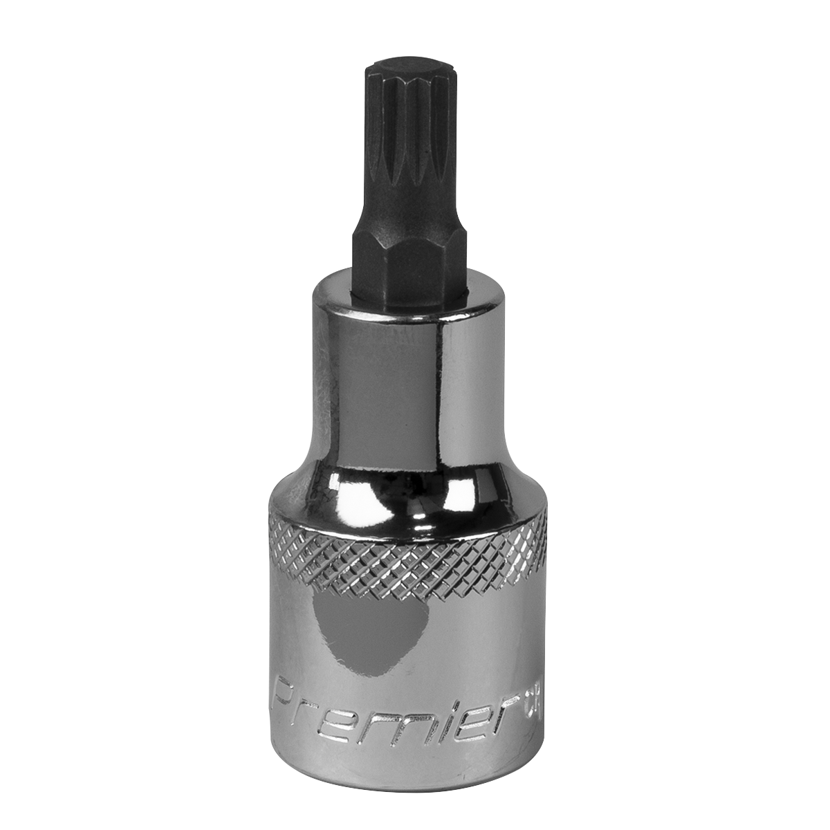 The Sealey Spline Socket Bit M8 1/2"Sq Drive - SBS013 on a white background. The socket, crafted from durable Chrome Vanadium steel, features a hexagonal bit on top and a shiny, knurled metallic body. As part of the Premier Hand Tools collection, it comes with a lifetime guarantee.