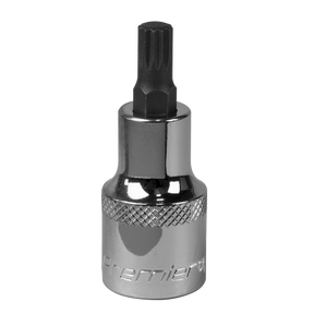 The Sealey Spline Socket Bit M8 1/2"Sq Drive - SBS013 on a white background. The socket, crafted from durable Chrome Vanadium steel, features a hexagonal bit on top and a shiny, knurled metallic body. As part of the Premier Hand Tools collection, it comes with a lifetime guarantee.