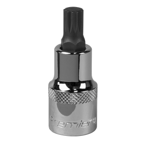 A Spline Socket Bit M9 1/2"Sq Drive - SBS014 featuring a polished Chrome Vanadium steel finish and a knurled band for grip, labeled "Sealey," and offering a lifetime guarantee.