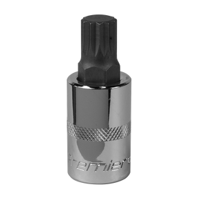 A metallic Spline Socket Bit M14 1/2"Sq Drive - SBS017 with a knurled grip, marked with the text "Sealey" at the base.