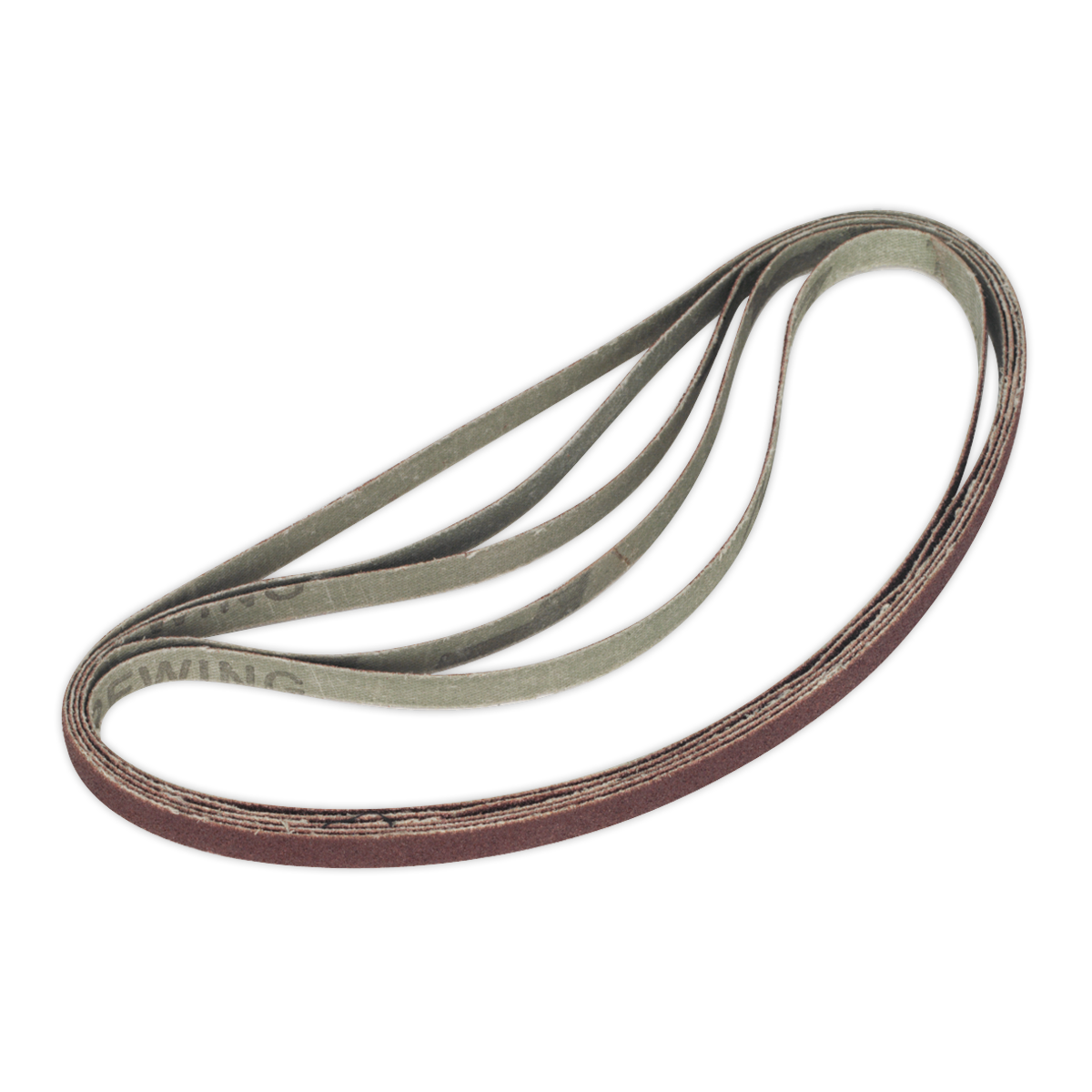 An illustration of a metallic double-loop object with intersecting curves, reminiscent of the intricate design found in Sealey's Sanding Belt 8 x 456mm 100Grit Pack of 5 - SBS35/B100GN.