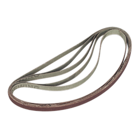 Illustration of a bent strip of material with interwoven sections, creating an abstract shape, reminiscent of Sanding Belt 8 x 456mm 120Grit Pack of 5 - SBS35/B120GN by Sealey.