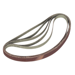 A coiled, multi-layered sanding belt with a worn, brown abrasive surface at the bottom. The Sealey Sanding Belt 12 x 456mm 60 Grit Pack of 5 - SBS35/B60GW ensures you always have a replacement ready when needed.
