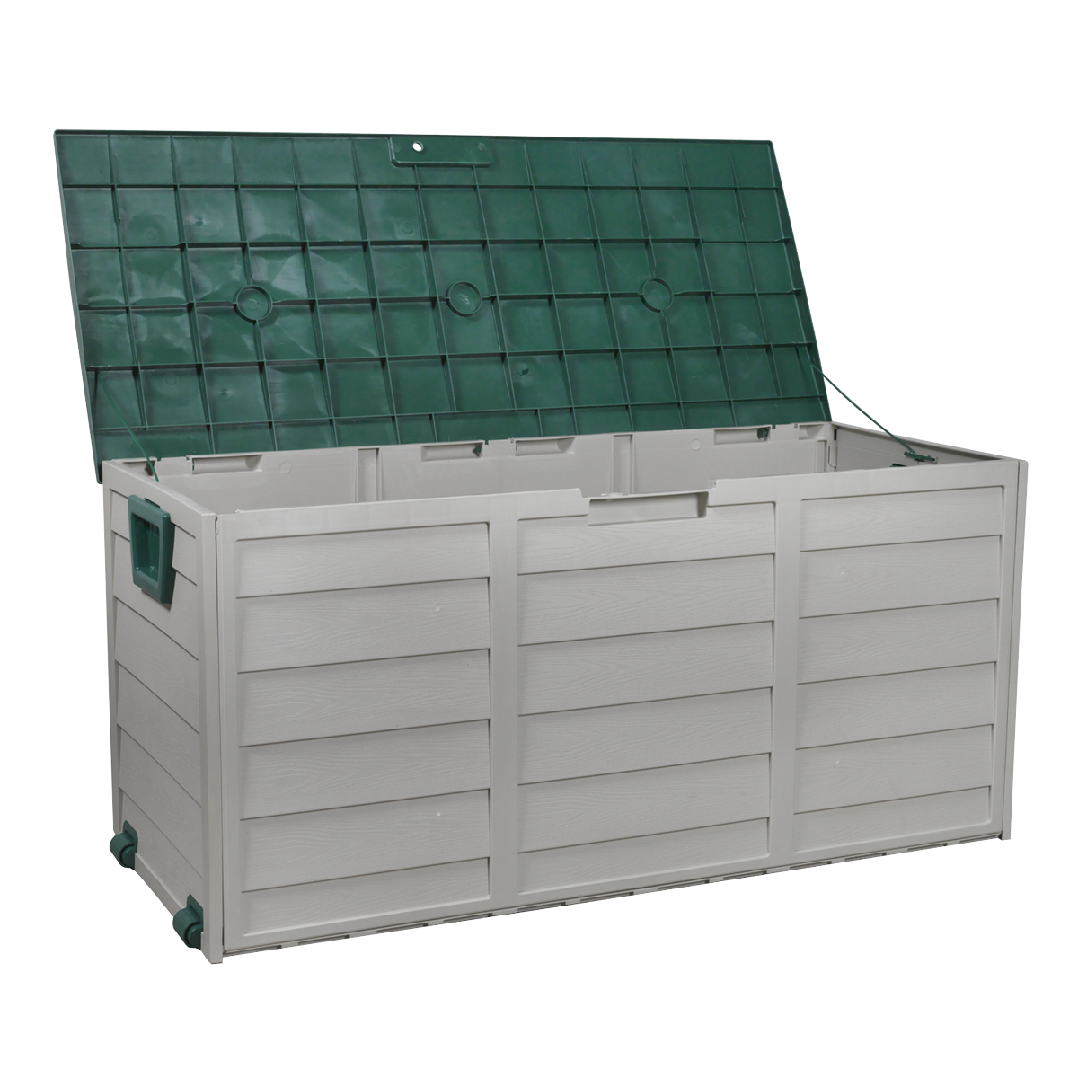 The Sealey Outdoor Storage Box, model SBSC01, is a spacious lidded storage chest measuring 460 x 1120 x 540mm. Constructed from heavy-duty polypropylene, it features a gray body and a green lid. This partially open box reveals an empty interior ideal for storing garden tools. It also includes side handles and wheels on one end for effortless transport.