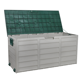 The Sealey Outdoor Storage Box, model SBSC01, is a spacious lidded storage chest measuring 460 x 1120 x 540mm. Constructed from heavy-duty polypropylene, it features a gray body and a green lid. This partially open box reveals an empty interior ideal for storing garden tools. It also includes side handles and wheels on one end for effortless transport.