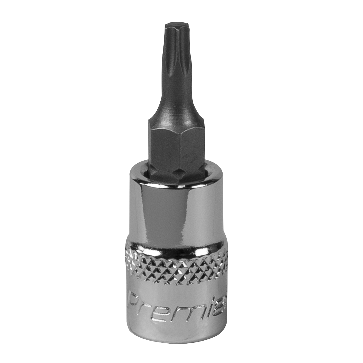 Introducing the TRX-Star* Socket Bit T15 1/4"Sq Drive - SBT003 by Sealey, a shiny metallic hex screwdriver bit featuring a textured grip and a pointed tip, meticulously crafted from durable S2 steel for long-lasting performance.