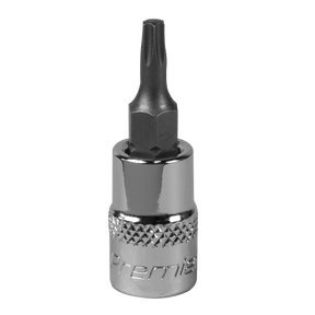 Introducing the TRX-Star* Socket Bit T15 1/4"Sq Drive - SBT003 by Sealey, a shiny metallic hex screwdriver bit featuring a textured grip and a pointed tip, meticulously crafted from durable S2 steel for long-lasting performance.