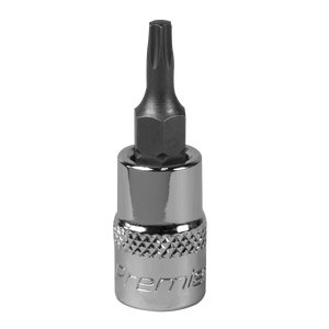 Introducing the TRX-Star* Socket Bit T15 1/4"Sq Drive - SBT003 by Sealey, a shiny metallic hex screwdriver bit featuring a textured grip and a pointed tip, meticulously crafted from durable S2 steel for long-lasting performance.