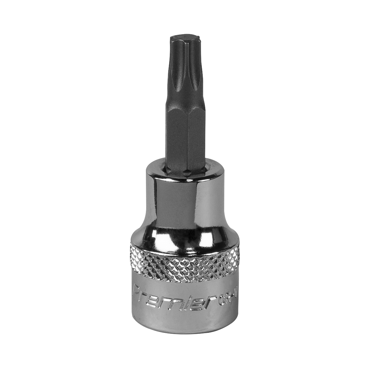 The Sealey TRX-Star* Socket Bit T25 3/8"Sq Drive - SBT010 features a textured grip, a black star-shaped tip, and is crafted from durable Chrome Vanadium steel. Plus, it comes with a lifetime guarantee.