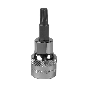 The Sealey TRX-Star* Socket Bit T25 3/8"Sq Drive - SBT010 features a textured grip, a black star-shaped tip, and is crafted from durable Chrome Vanadium steel. Plus, it comes with a lifetime guarantee.