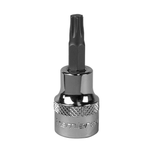 The Sealey TRX-Star* Socket Bit T25 3/8"Sq Drive - SBT010 features a textured grip, a black star-shaped tip, and is crafted from durable Chrome Vanadium steel. Plus, it comes with a lifetime guarantee.