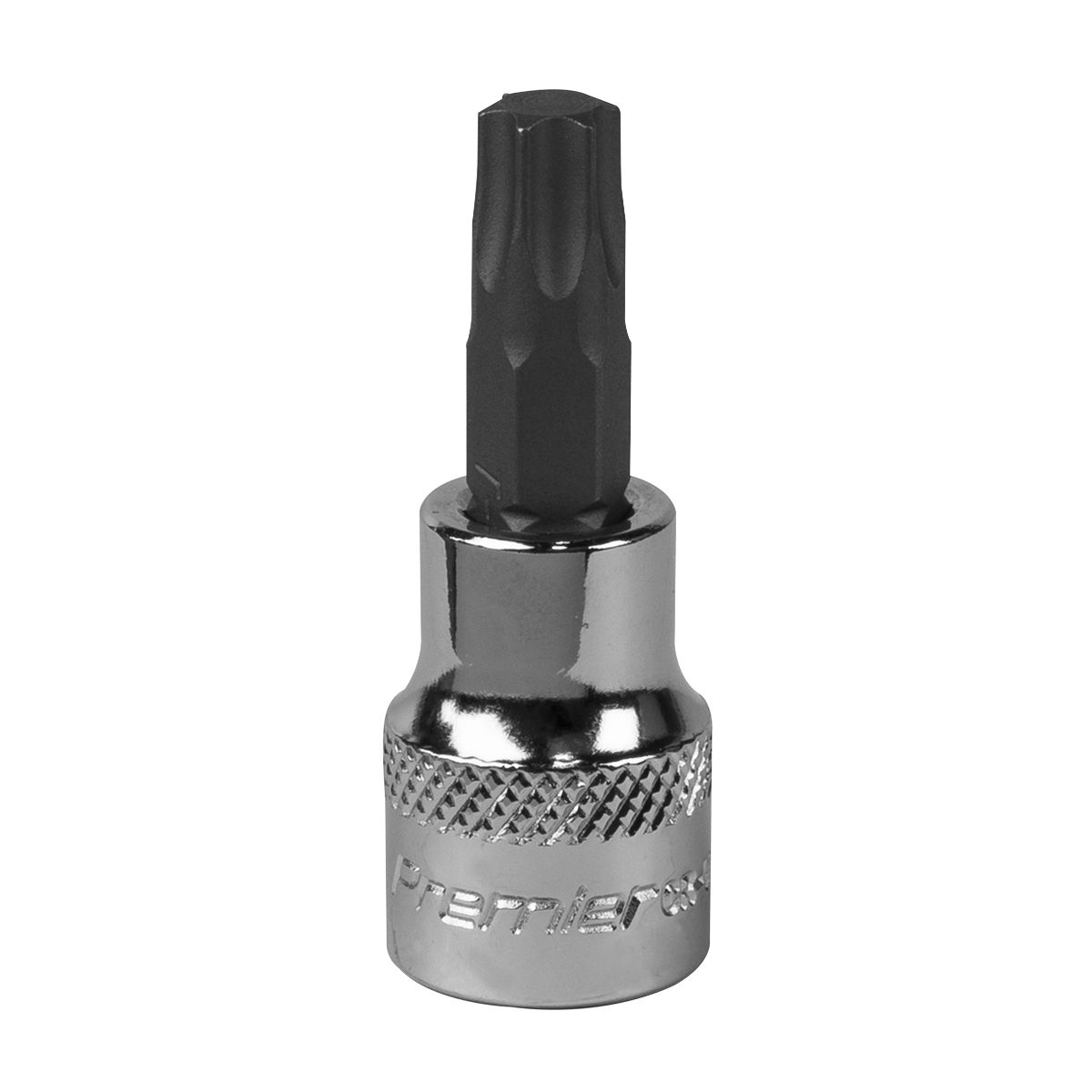 The Sealey TRX-Star* Socket Bit T45 3/8"Sq Drive - SBT014 features a shiny chrome finish and a serrated grip section, crafted from Chrome Vanadium steel for durability. It's perfect for tightening or loosening screws with precision.