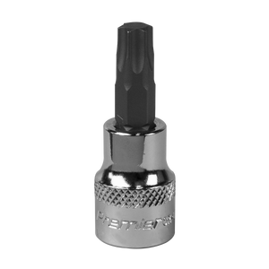 The Sealey TRX-Star* Socket Bit T45 3/8"Sq Drive - SBT014 features a shiny chrome finish and a serrated grip section, crafted from Chrome Vanadium steel for durability. It's perfect for tightening or loosening screws with precision.