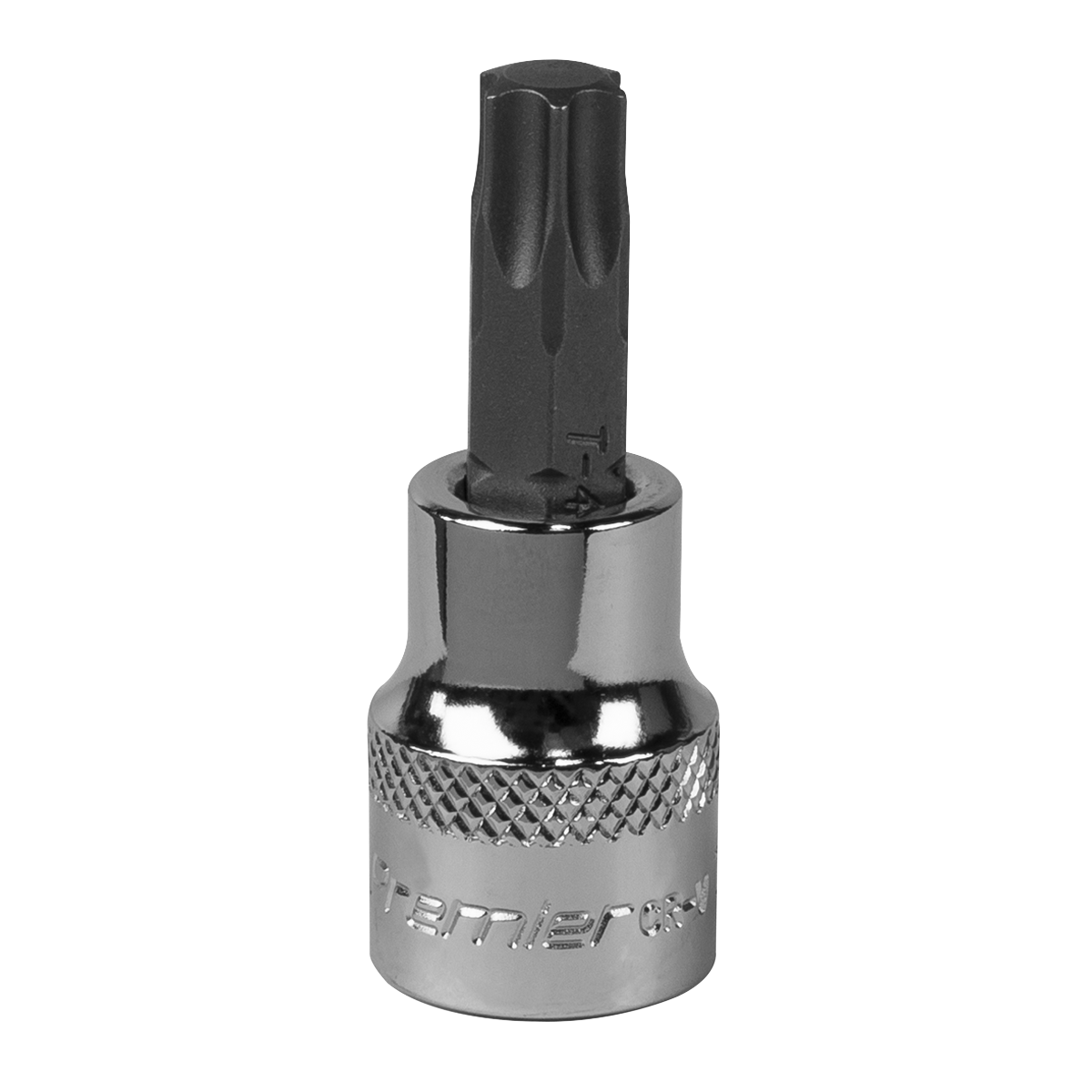 A chrome and black TRX-Star* Socket Bit T47 3/8"Sq Drive (model SBT015) from Sealey, featuring a knurled grip and crafted from durable Chrome Vanadium steel, designed for professional use with a ratchet or driver.