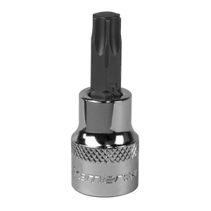 A chrome and black TRX-Star* Socket Bit T47 3/8"Sq Drive (model SBT015) from Sealey, featuring a knurled grip and crafted from durable Chrome Vanadium steel, designed for professional use with a ratchet or driver.