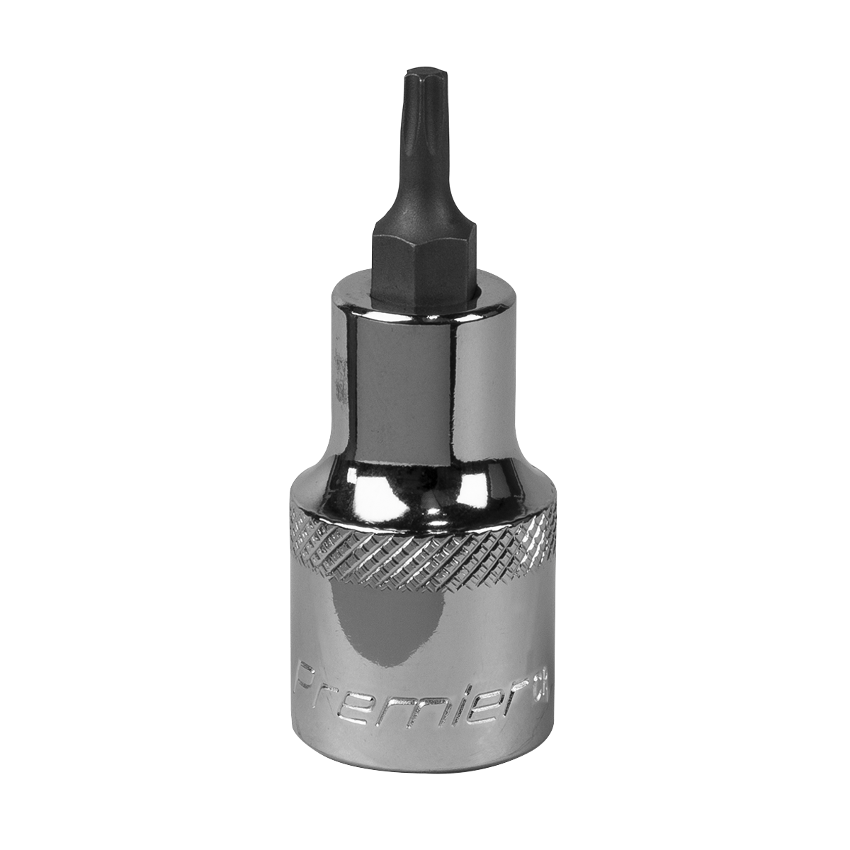 The TRX-Star* Socket Bit T20 1/2"Sq Drive - SBT017 by Sealey is a metallic hex bit socket with a black tip and engraved text "Premier Hand Tools" on the side. Crafted from durable Chrome Vanadium steel, it features a knurled surface for enhanced grip and comes with a lifetime guarantee.