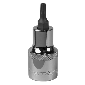 A gleaming metal hex bit socket with a black tip and a knurled grip, crafted from durable Chrome Vanadium steel. The brand name "Sealey" is engraved on the side, showcasing the quality of Sealey products. This TRX-Star* Socket Bit T25 1/2"Sq Drive - SBT018 exemplifies the high standards expected from Sealey Hand Tools, backed by a lifetime guarantee.