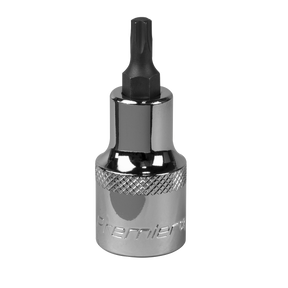 A TRX-Star* socket bit T27 1/2" square drive, meticulously crafted from durable Chrome Vanadium steel with a knurled band around the top for better grip. The word "Sealey" is engraved on the side, signifying its high quality as part of Sealey Hand Tools. It also comes with a lifetime guarantee for your peace of mind.