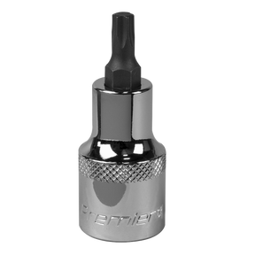 Image of a chrome Sealey TRX-Star* Socket Bit T30 1/2"Sq Drive - SBT020 with a knurled grip section and the words "Premier Hand Tools" engraved on the base. The hex bit, made from durable Chrome Vanadium steel, is black and cylindrical, designed for use with a socket wrench and comes with a lifetime guarantee.